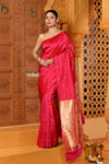 Shubh~ Premium! Handloom Pure Silk Triple Muniya Border with Peacock Pallu in Rani Pink (SHIPPING IN 25 DAYS.) - verymuchindian.com