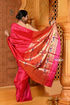 Shubh~ Premium! Handloom Pure Silk Triple Muniya Border with Peacock Pallu in Rani Pink (SHIPPING IN 25 DAYS.) - verymuchindian.com
