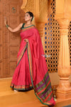 Shubh ~ Pure Cotton Saree in Regal Sapphire Pink with Exclusive Zari Green Border & Pallu - verymuchindian.com