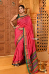 Shubh ~ Pure Cotton Saree in Regal Sapphire Pink with Exclusive Zari Green Border & Pallu - verymuchindian.com