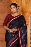 Shubh ~ Traditional Khun Cotton Resham With Kashida Work in Dark Blue with Maroon Border - verymuchindian.com