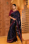 Shubh ~ Traditional Khun Cotton Resham With Kashida Work in Dark Blue with Maroon Border - verymuchindian.com