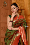 Shubh~ VMI Exclusive! Handloom Pure Silk Mahalakshmi Paithani Saree With Most Traditional Temple Border in Green - verymuchindian.com