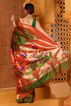 Shubh~ VMI Exclusive! Handloom Pure Silk Mahalakshmi Paithani Saree With Most Traditional Temple Border in Green - verymuchindian.com
