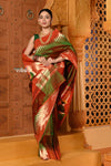 Shubh~ VMI Exclusive! Handloom Pure Silk Mahalakshmi Paithani Saree With Most Traditional Temple Border in Green - verymuchindian.com