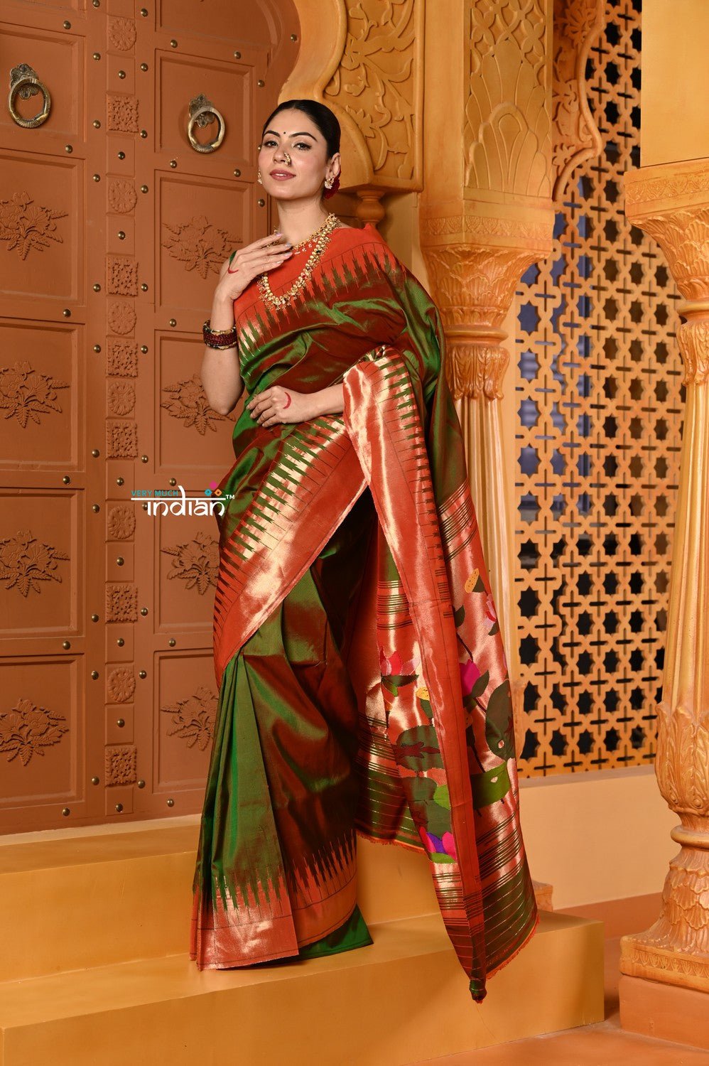 Shubh~ VMI Exclusive! Handloom Pure Silk Mahalakshmi Paithani Saree With Most Traditional Temple Border in Green - verymuchindian.com