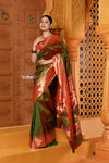 Shubh~ VMI Exclusive! Handloom Pure Silk Mahalakshmi Paithani Saree With Most Traditional Temple Border in Green - verymuchindian.com