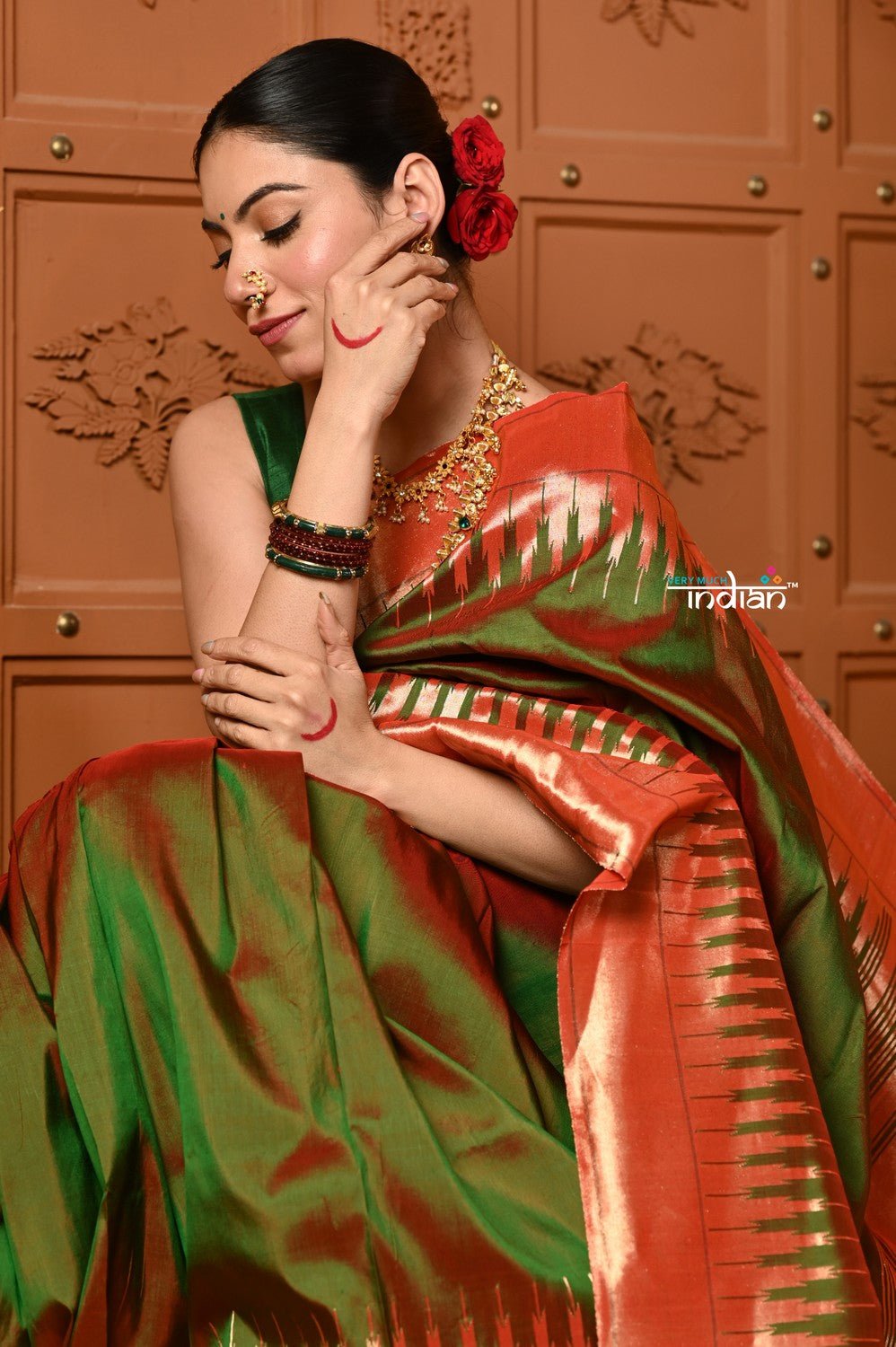 Shubh~ VMI Exclusive! Handloom Pure Silk Mahalakshmi Paithani Saree With Most Traditional Temple Border in Green - verymuchindian.com