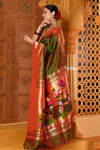 Shubh~ VMI Exclusive! Handloom Pure Silk Mahalakshmi Paithani Saree With Most Traditional Temple Border in Green - verymuchindian.com