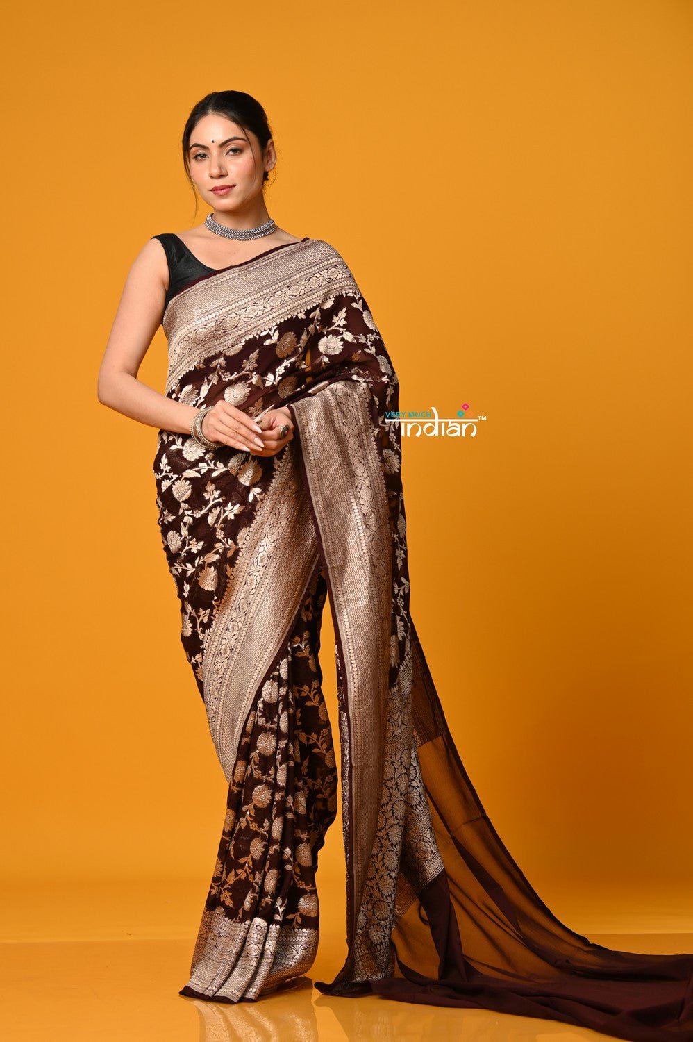 Suhaani Exclusive ~ Handloom Khaddi Georgette Saree With All Over Floral Jaal~ Classy Brown - verymuchindian.com