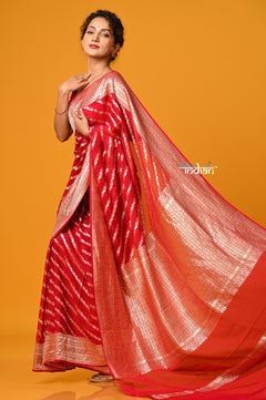 Suhaani Exclusive ~ Handloom Khaddi Georgette Saree With All Over Linear Jaal~ Crimson Red - verymuchindian.com