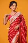 Suhaani Exclusive ~ Handloom Khaddi Georgette Saree With All Over Linear Jaal~ Crimson Red - verymuchindian.com