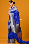 Suhaani ~ Handloom Khaddi Georgette Saree With All Over Floral Jaal~ Peacock Blue - verymuchindian.com
