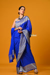 Suhaani ~ Handloom Khaddi Georgette Saree With All Over Floral Jaal~ Peacock Blue - verymuchindian.com