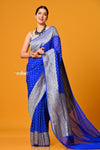 Suhaani ~ Handloom Khaddi Georgette Saree With All Over Floral Jaal~ Peacock Blue - verymuchindian.com