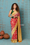 Suhaani ~ Handloom Khaddi Georgette Saree With All Over Floral Jaal~ Red & Orange (Silk Mark) - verymuchindian.com