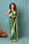 Suhaani ~ Handloom Khaddi Georgette Saree With All Over Floral Jaal~ Royal Green (Silk Mark) - verymuchindian.com