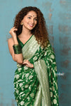 Suhaani ~ Handloom Khaddi Georgette Saree With All Over Floral Jaal~ Royal Green (Silk Mark) - verymuchindian.com