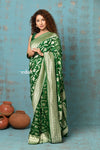 Suhaani ~ Handloom Khaddi Georgette Saree With All Over Floral Jaal~ Royal Green (Silk Mark) - verymuchindian.com