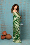 Suhaani ~ Handloom Khaddi Georgette Saree With All Over Floral Jaal~ Royal Green (Silk Mark) - verymuchindian.com