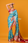 Suhaani ~ Handloom Khaddi Georgette Saree With All Over Floral Jaal~ Saline Blue with Red - verymuchindian.com