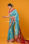 Suhaani ~ Handloom Khaddi Georgette Saree With All Over Floral Jaal~ Saline Blue with Red - verymuchindian.com
