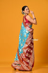 Suhaani ~ Handloom Khaddi Georgette Saree With All Over Floral Jaal~ Saline Blue with Red - verymuchindian.com