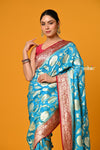 Suhaani ~ Handloom Khaddi Georgette Saree With All Over Floral Jaal~ Saline Blue with Red - verymuchindian.com