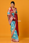 Suhaani ~ Handloom Khaddi Georgette Saree With All Over Floral Jaal~ Saline Blue with Red - verymuchindian.com
