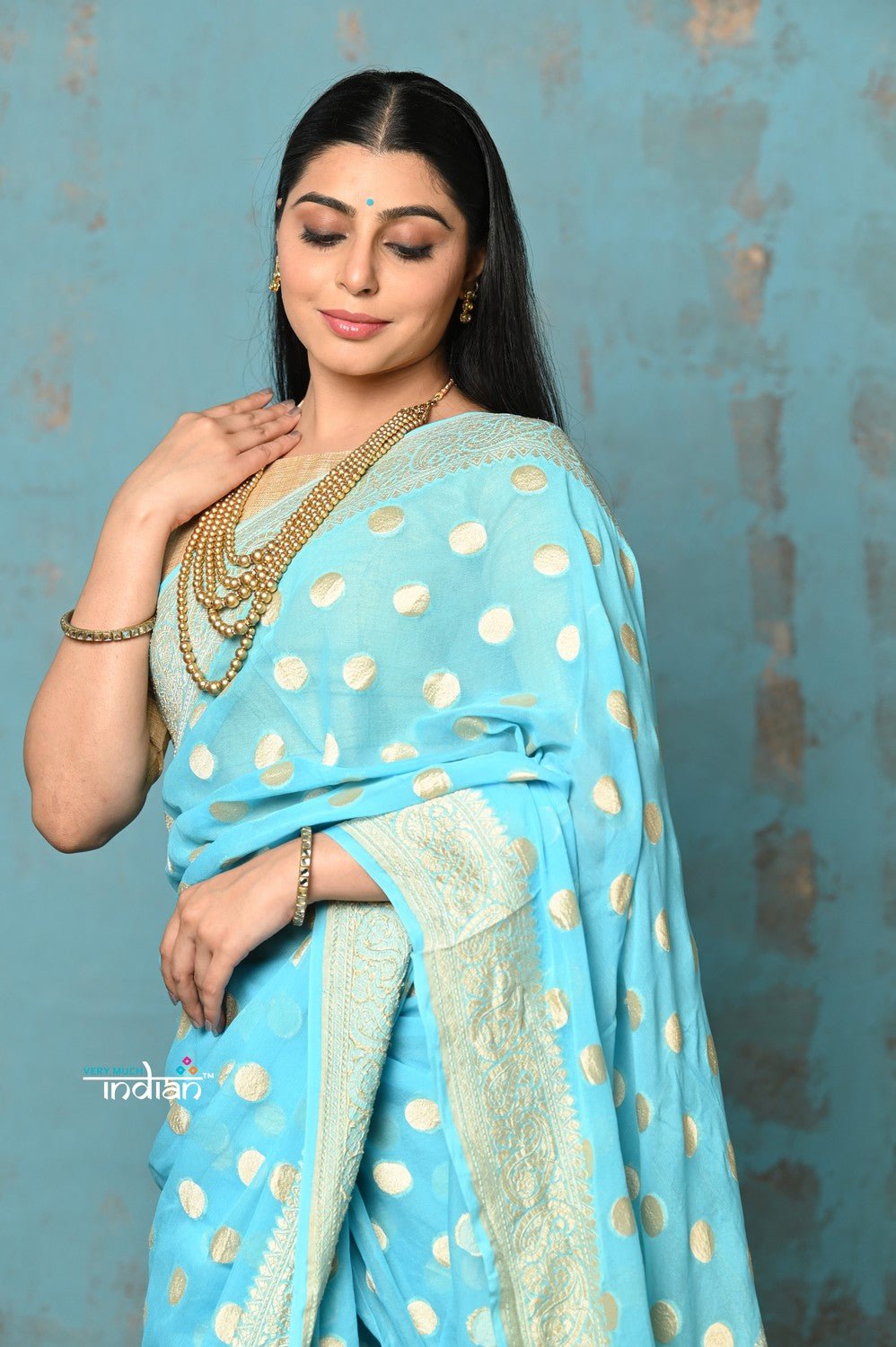 Suhaani ~ Handloom Khaddi Georgette Saree With All Over Jaal~ Delicate Blue (Silk Mark) - verymuchindian.com