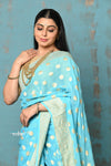 Suhaani ~ Handloom Khaddi Georgette Saree With All Over Jaal~ Delicate Blue (Silk Mark) - verymuchindian.com