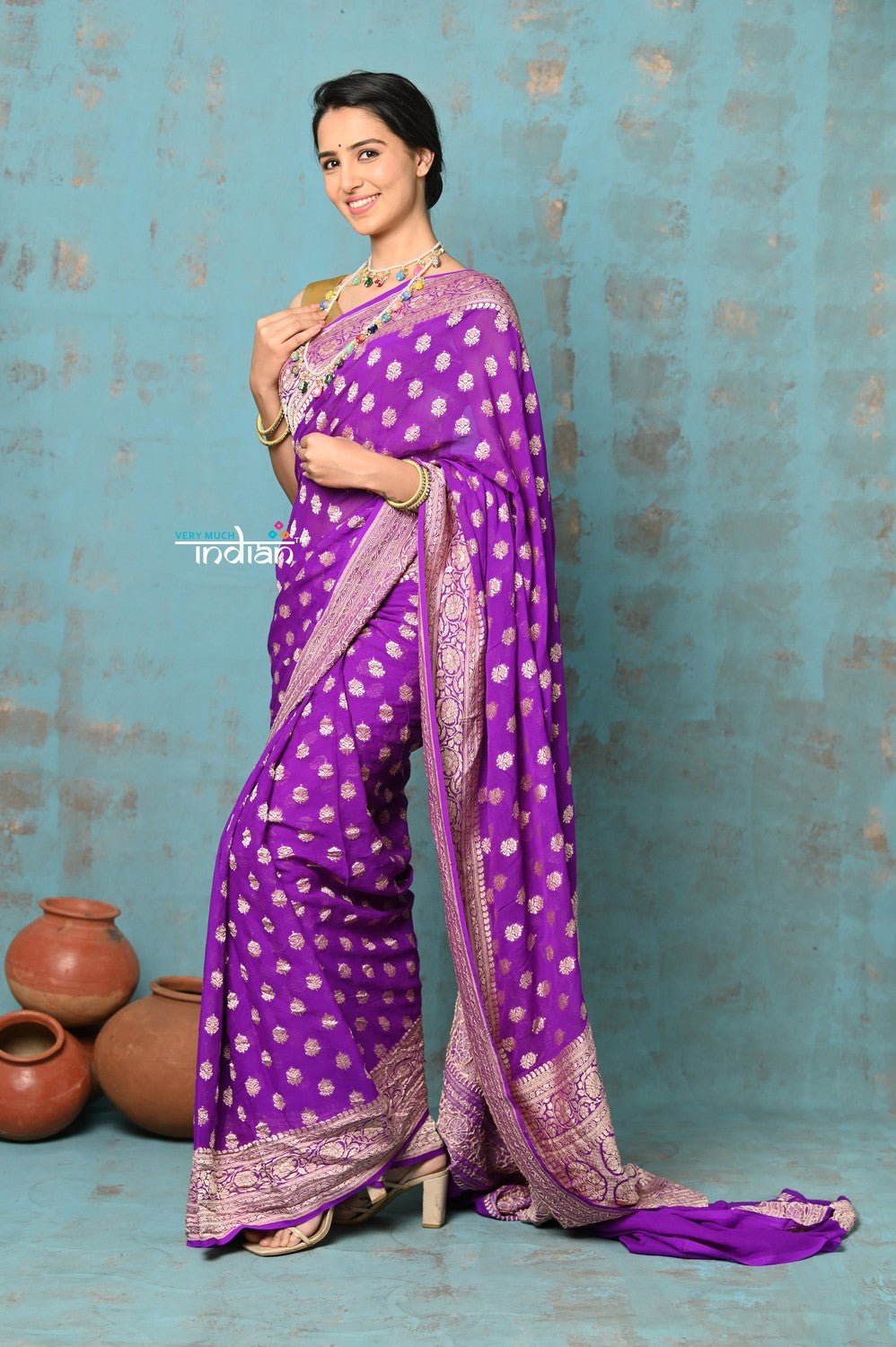 Suhaani ~ Handloom Khaddi Georgette Saree With All Over Jaal~ Heather Purple (Silk Mark) - verymuchindian.com