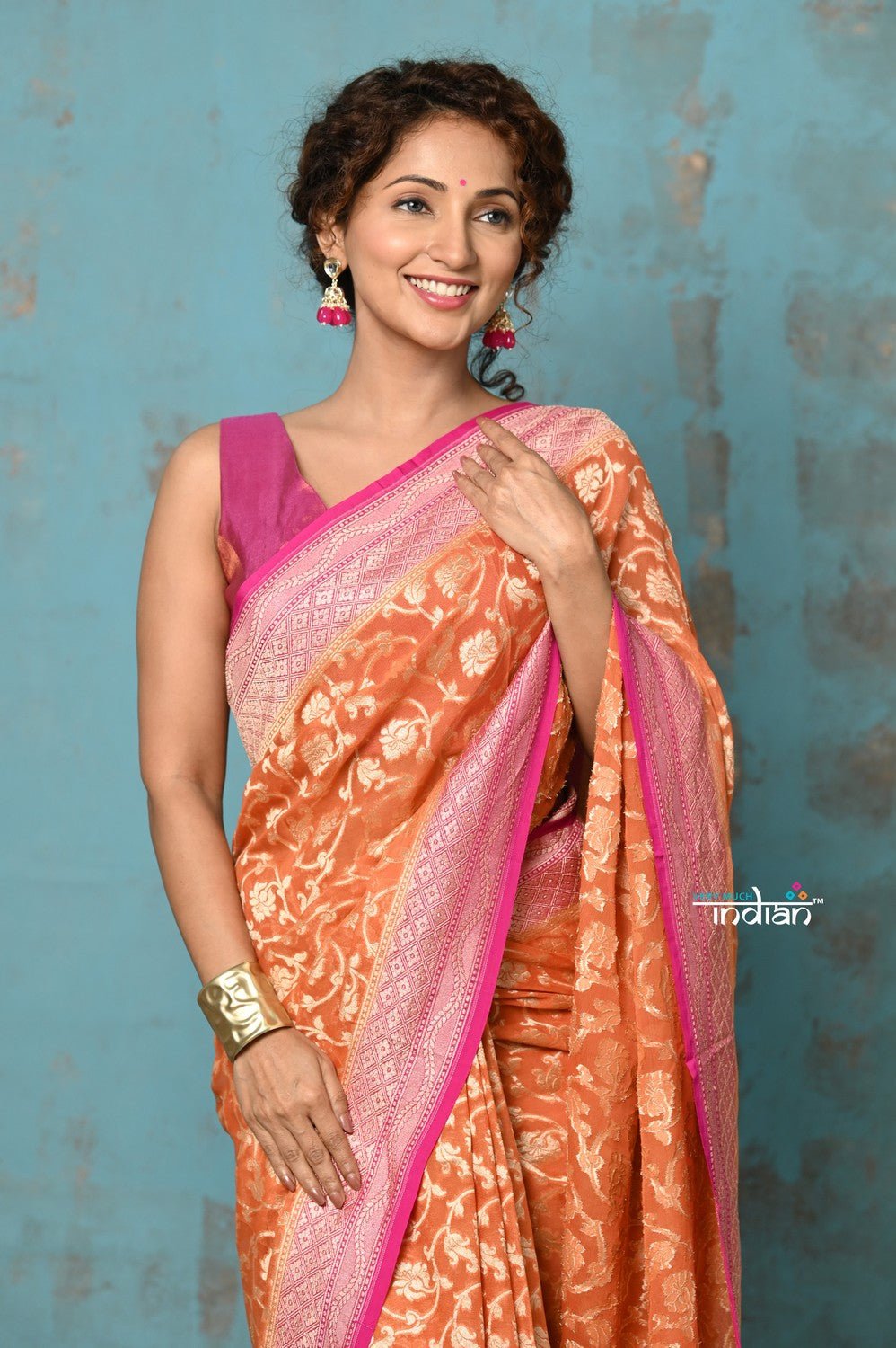 Suhaani ~ Handloom Khaddi Georgette Saree With All Over Jaal~ Orange Pink (Silk Mark) - verymuchindian.com