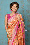 Suhaani ~ Handloom Khaddi Georgette Saree With All Over Jaal~ Orange Pink (Silk Mark) - verymuchindian.com