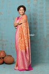 Suhaani ~ Handloom Khaddi Georgette Saree With All Over Jaal~ Orange Pink (Silk Mark) - verymuchindian.com