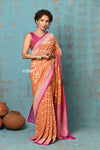 Suhaani ~ Handloom Khaddi Georgette Saree With All Over Jaal~ Orange Pink (Silk Mark) - verymuchindian.com