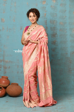 Suhaani ~ Handloom Khaddi Georgette Saree With All Over Jaal~ Peach (Silk Mark) - verymuchindian.com