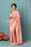 Suhaani ~ Handloom Khaddi Georgette Saree With All Over Jaal~ Peach (Silk Mark) - verymuchindian.com