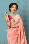 Suhaani ~ Handloom Khaddi Georgette Saree With All Over Jaal~ Peach (Silk Mark) - verymuchindian.com
