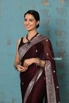 Suhaani ~ Handloom Khaddi Georgette Saree With Sleek Border ~ Maroon (Silk Mark) - verymuchindian.com
