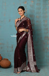 Suhaani ~ Handloom Khaddi Georgette Saree With Sleek Border ~ Maroon (Silk Mark) - verymuchindian.com