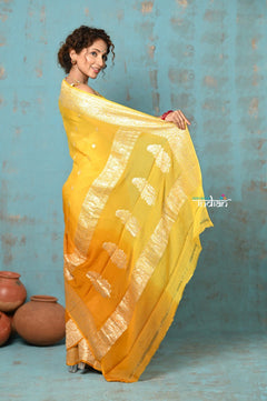 Suhaani ~ Handloom Khaddi Georgette Saree With Sleek Border ~ Ombre Yellow (Silk Mark) - verymuchindian.com