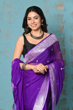 Suhaani ~ Handloom Khaddi Georgette Saree With Sleek Border ~ Purple (Silk Mark) - verymuchindian.com
