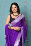 Suhaani ~ Handloom Khaddi Georgette Saree With Sleek Border ~ Purple (Silk Mark) - verymuchindian.com