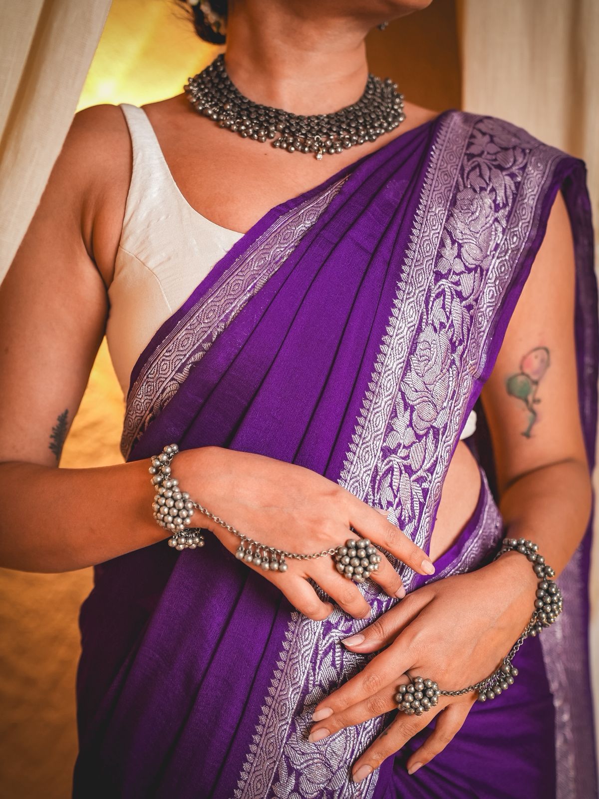 Suhaani ~ Handloom Khaddi Georgette Saree With Sleek Border ~ Purple (Silk Mark) - verymuchindian.com