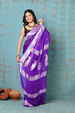 Suhaani ~ Handloom Khaddi Georgette Saree With Sleek Border ~ Purple (Silk Mark) - verymuchindian.com