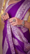 Suhaani ~ Handloom Khaddi Georgette Saree With Sleek Border ~ Purple (Silk Mark) - verymuchindian.com