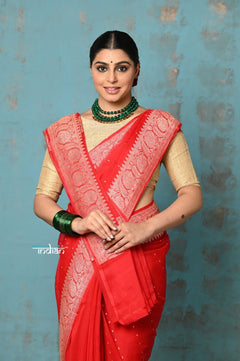 Suhaani ~ Handloom Khaddi Georgette Saree With Sleek Border ~ Red (Silk Mark) - verymuchindian.com