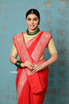 Suhaani ~ Handloom Khaddi Georgette Saree With Sleek Border ~ Red (Silk Mark) - verymuchindian.com