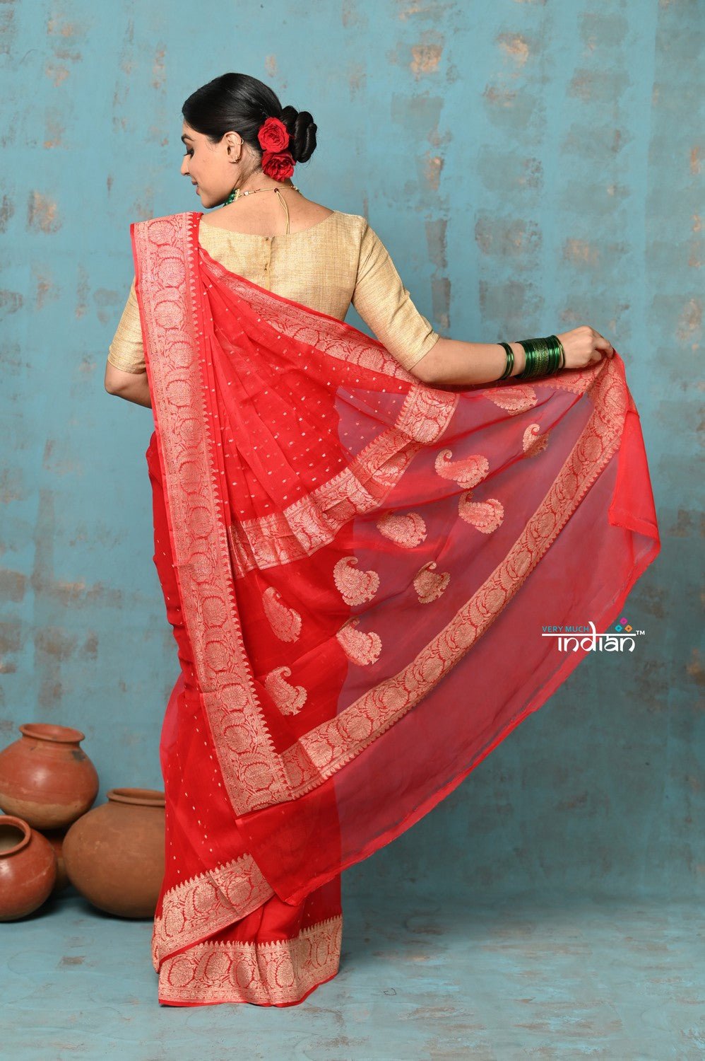 Suhaani ~ Handloom Khaddi Georgette Saree With Sleek Border ~ Red (Silk Mark) - verymuchindian.com